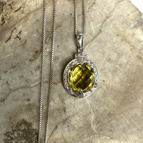 Sterling Silver 925 Oval Domed Faceted Yellow Citrine & Diamond Pendant Necklace - Picture 3 of 16